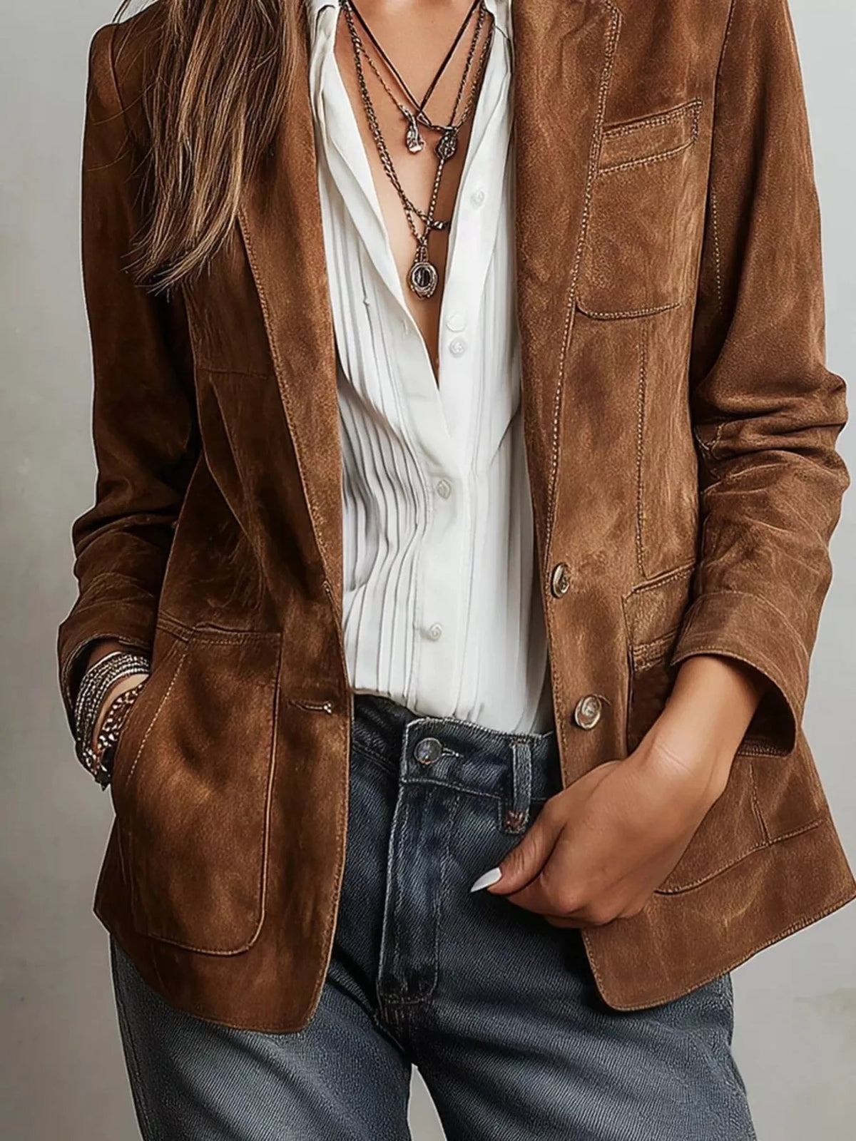 Full Size Slim Fit Suede Long Sleeve Blazer Plus Size - TheMomCo.