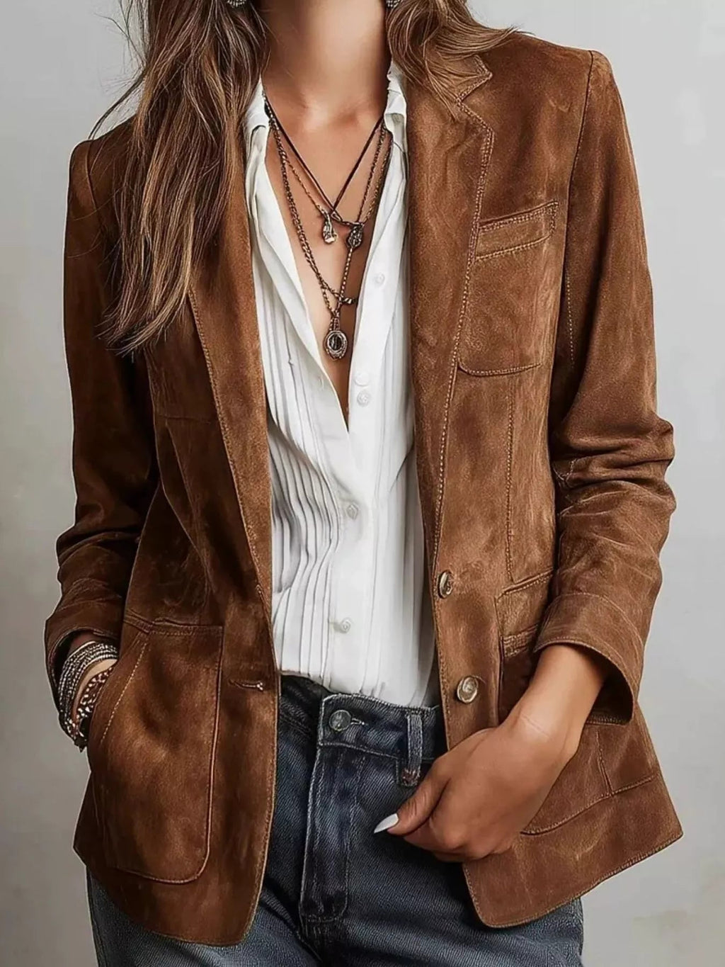 Full Size Slim Fit Suede Long Sleeve Blazer Plus Size - TheMomCo.