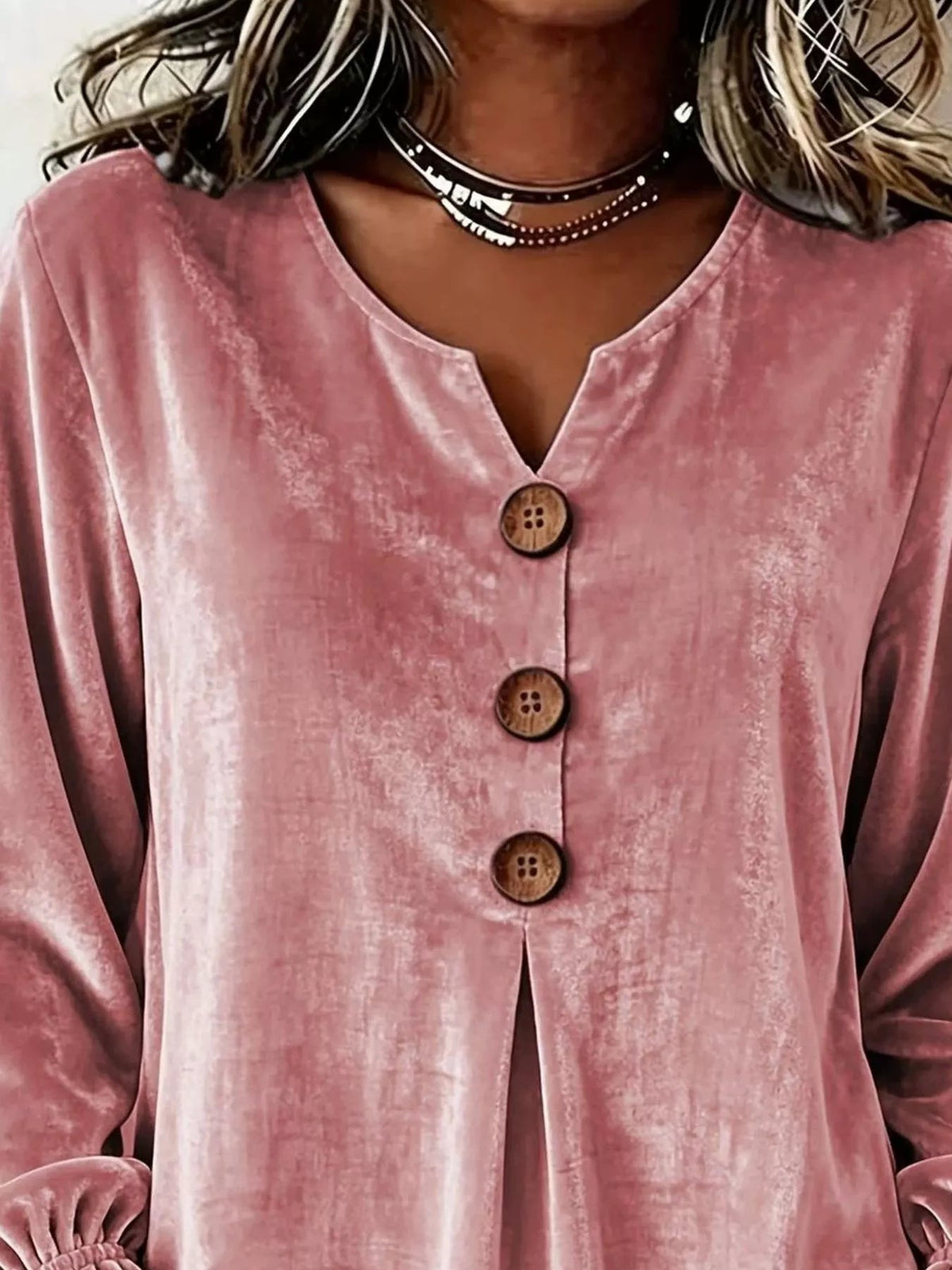 Full Size Velvet Button Decor Blouse with Ruffled Cuffs Plus Size - TheMomCo.