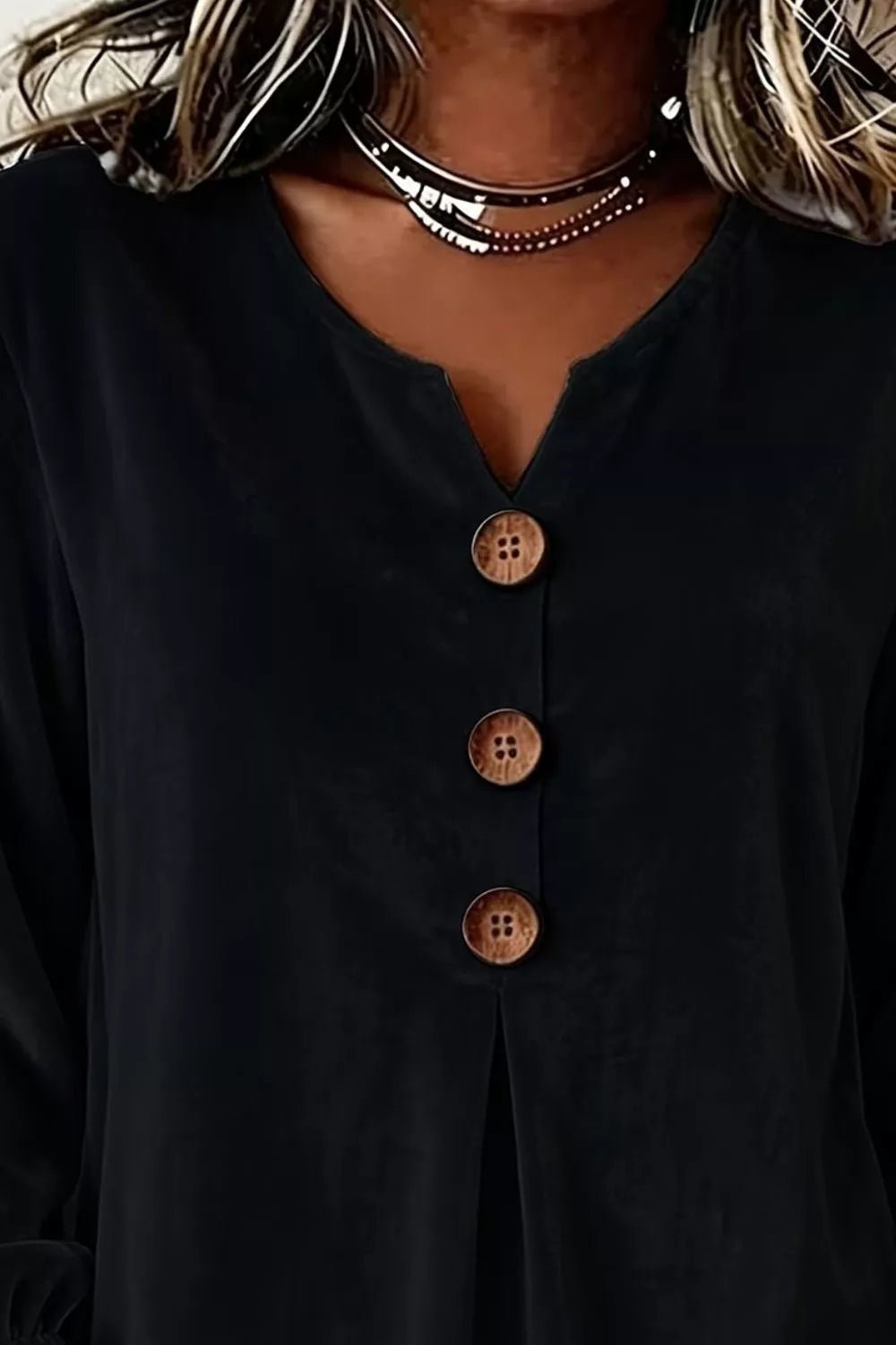 Full Size Velvet Button Decor Blouse with Ruffled Cuffs Plus Size - TheMomCo.
