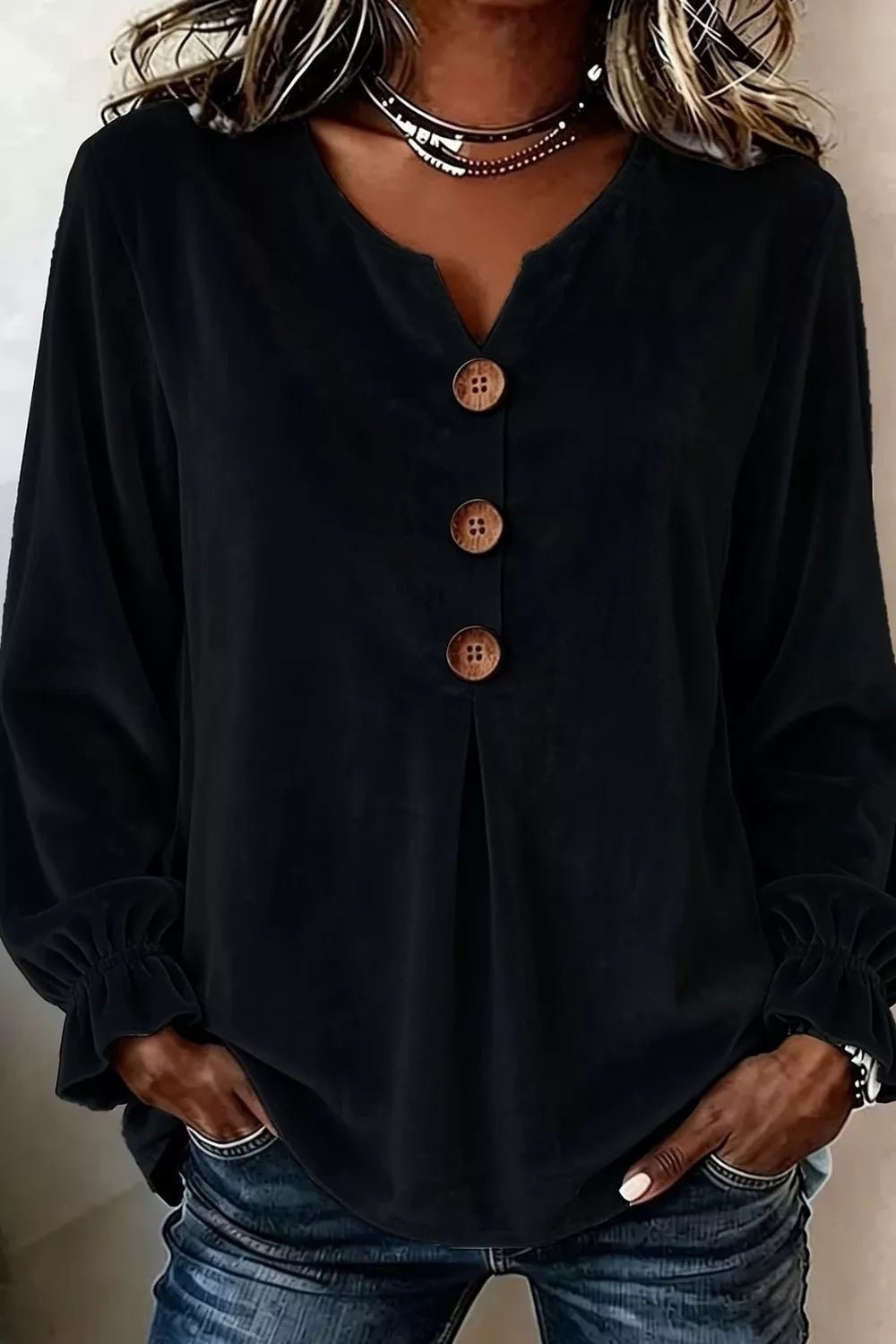 Full Size Velvet Button Decor Blouse with Ruffled Cuffs Plus Size - TheMomCo.