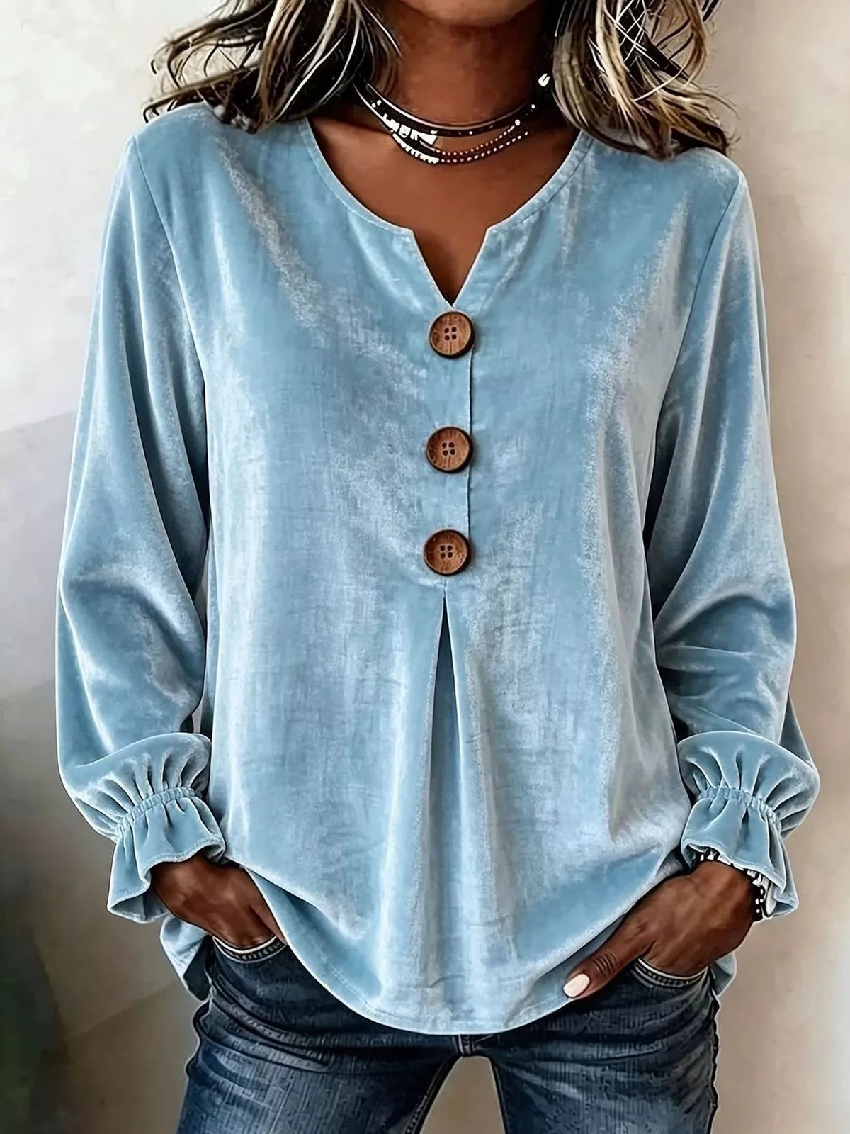 Full Size Velvet Button Decor Blouse with Ruffled Cuffs Plus Size - TheMomCo.