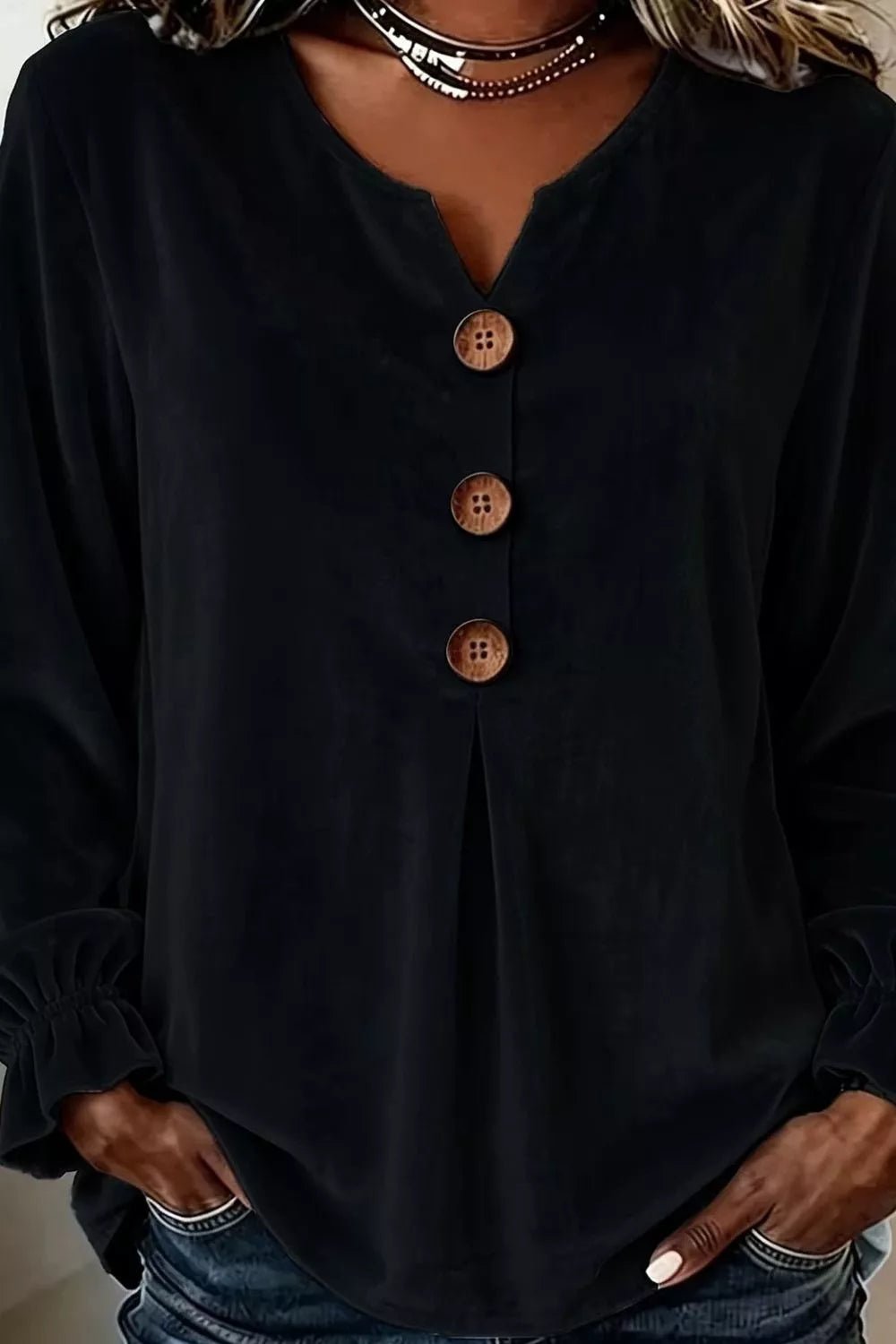 Full Size Velvet Button Decor Blouse with Ruffled Cuffs Plus Size - TheMomCo.