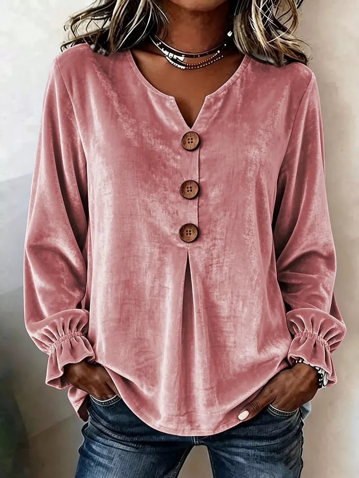 Full Size Velvet Button Decor Blouse with Ruffled Cuffs Plus Size - TheMomCo.
