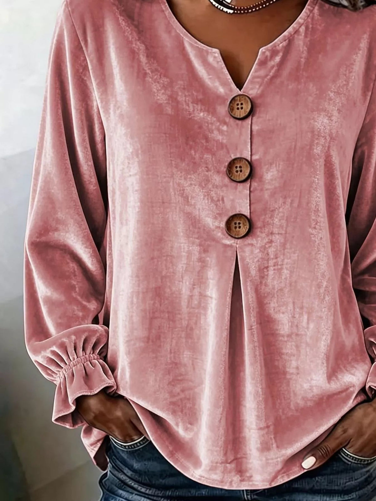Full Size Velvet Button Decor Blouse with Ruffled Cuffs Plus Size - TheMomCo.