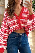 Geometric Striped Pattern V Neck Button Front Casual Knit Cardigan - TheMomCo.