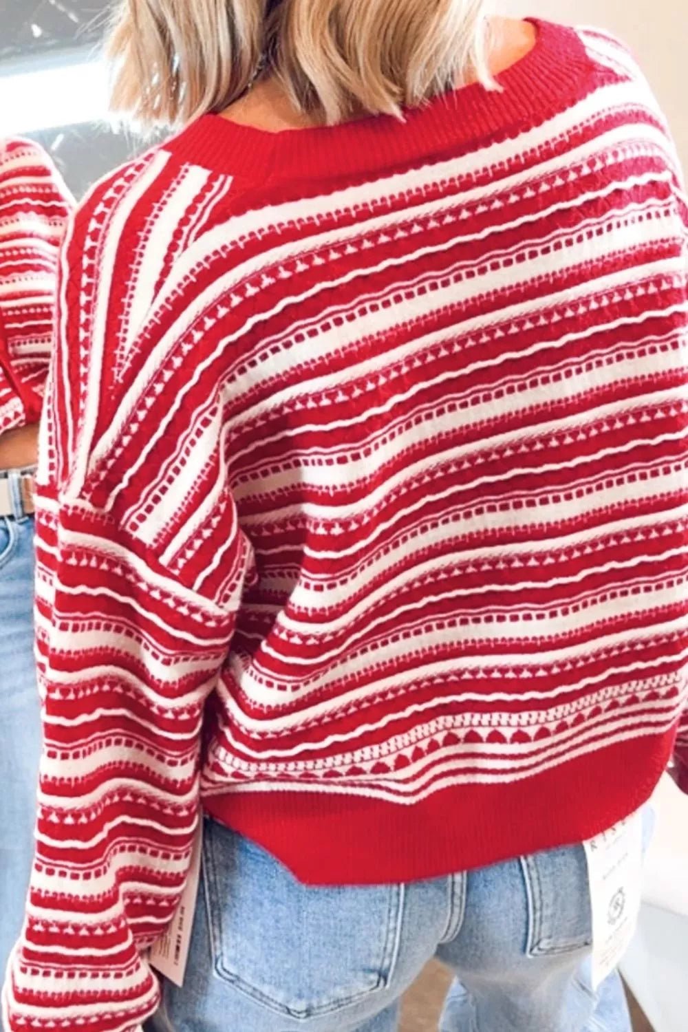 Geometric Striped Pattern V Neck Button Front Casual Knit Cardigan - TheMomCo.