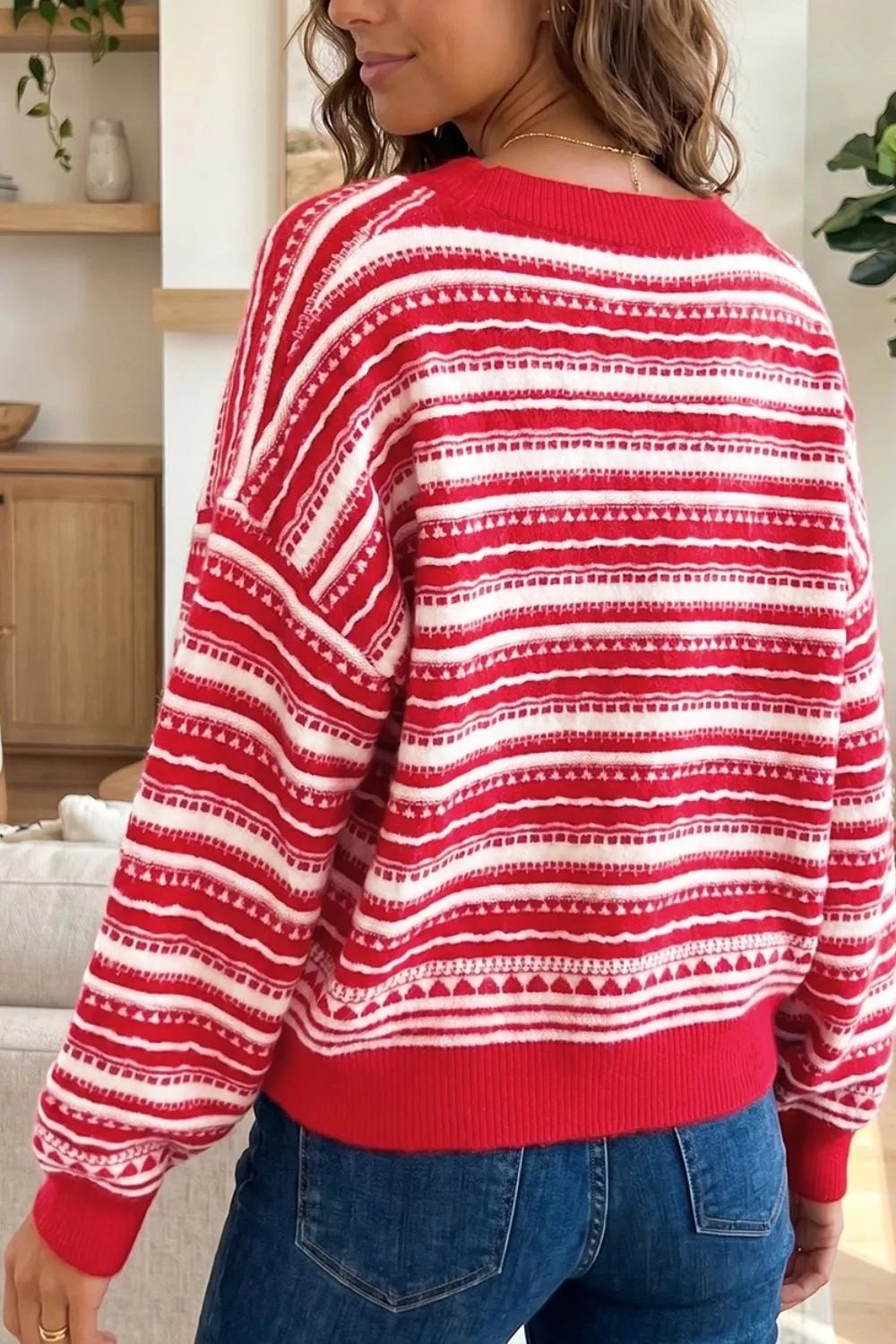 Geometric Striped Pattern V Neck Button Front Casual Knit Cardigan - TheMomCo.