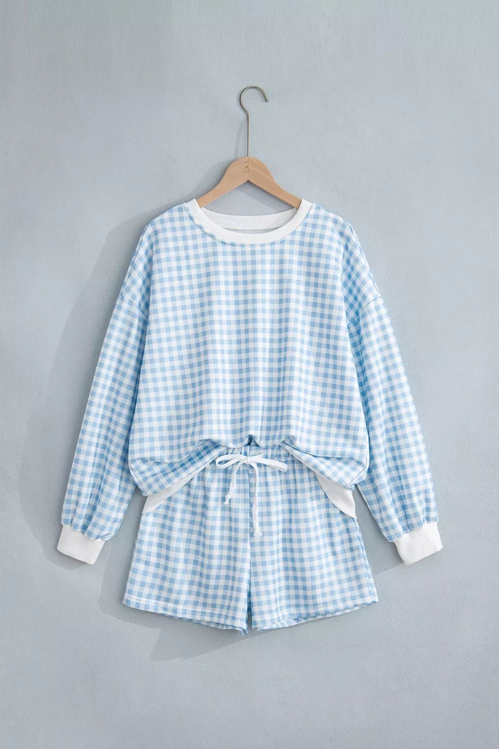 Gingham Long Sleeve Sweatshirt and Shorts Set - TheMomCo.
