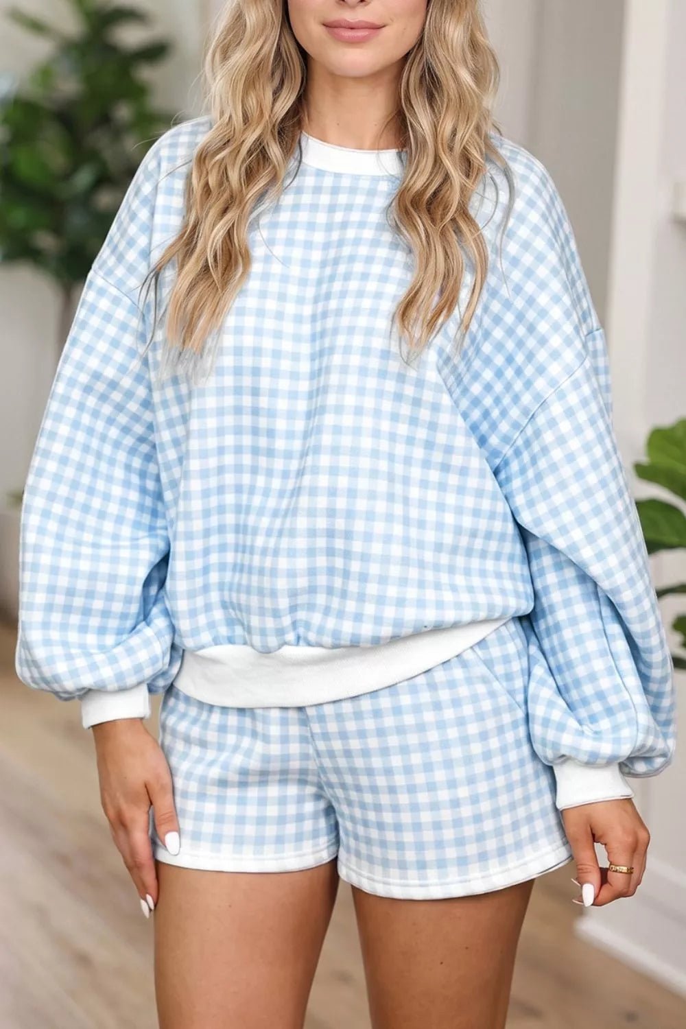 Gingham Long Sleeve Sweatshirt and Shorts Set - TheMomCo.