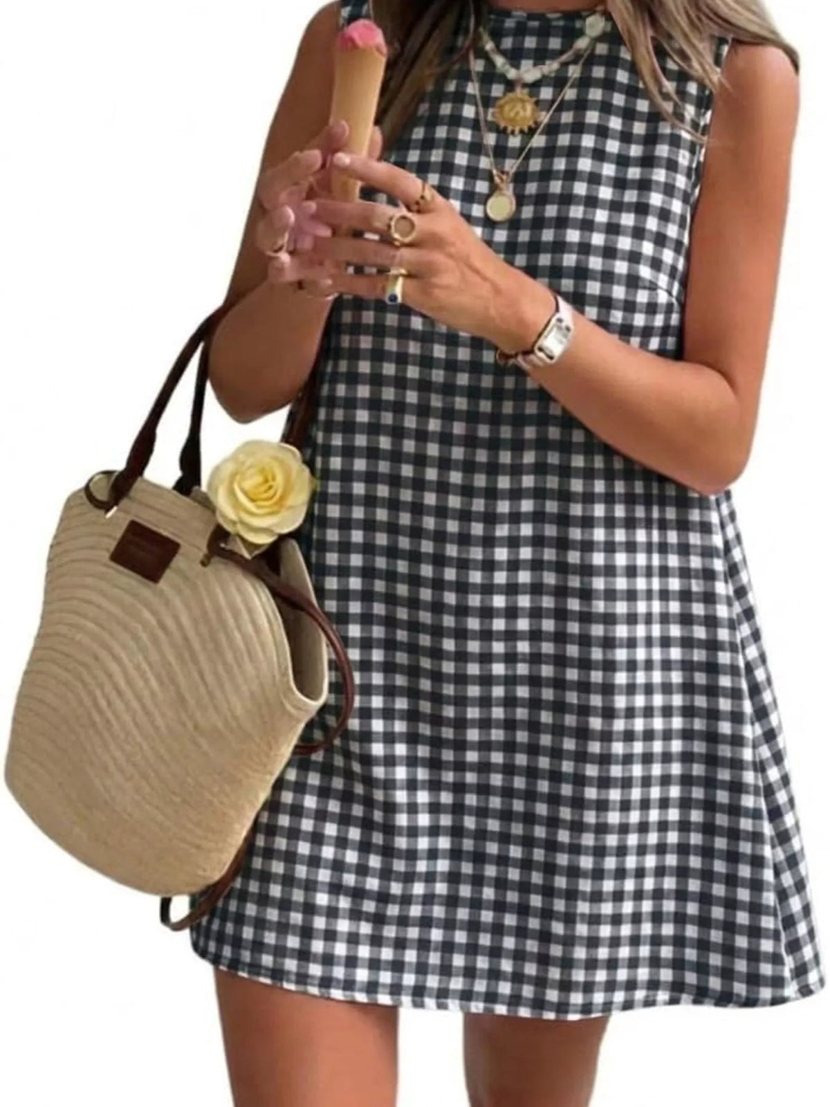 Gingham Sleeveless A-Line Mini Dress - TheMomCo.