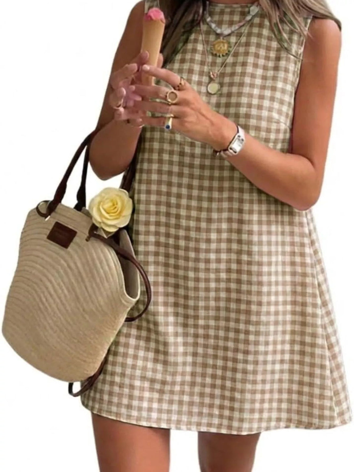 Gingham Sleeveless A-Line Mini Dress - TheMomCo.