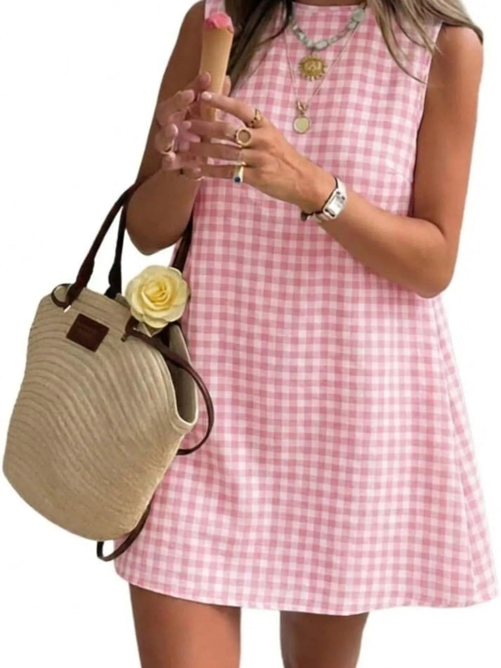 Gingham Sleeveless A-Line Mini Dress - TheMomCo.