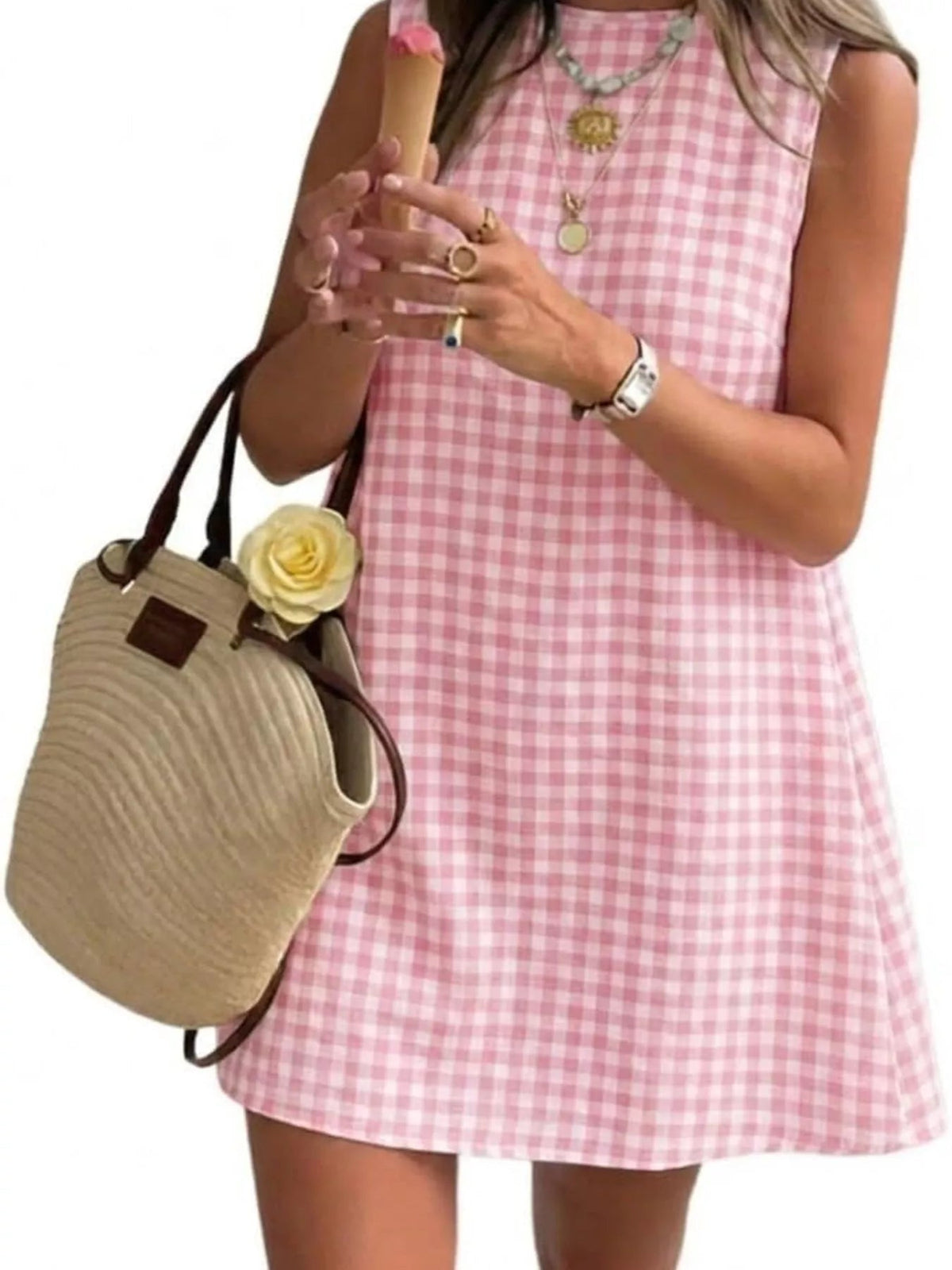 Gingham Sleeveless A-Line Mini Dress - TheMomCo.
