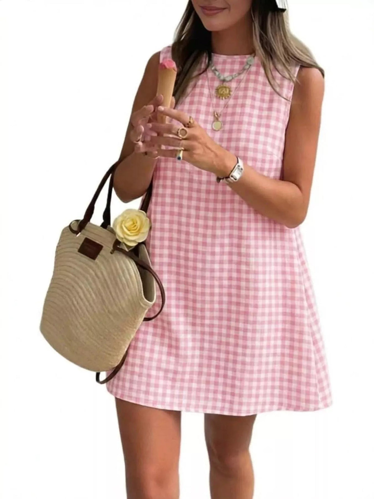 Gingham Sleeveless A-Line Mini Dress - TheMomCo.