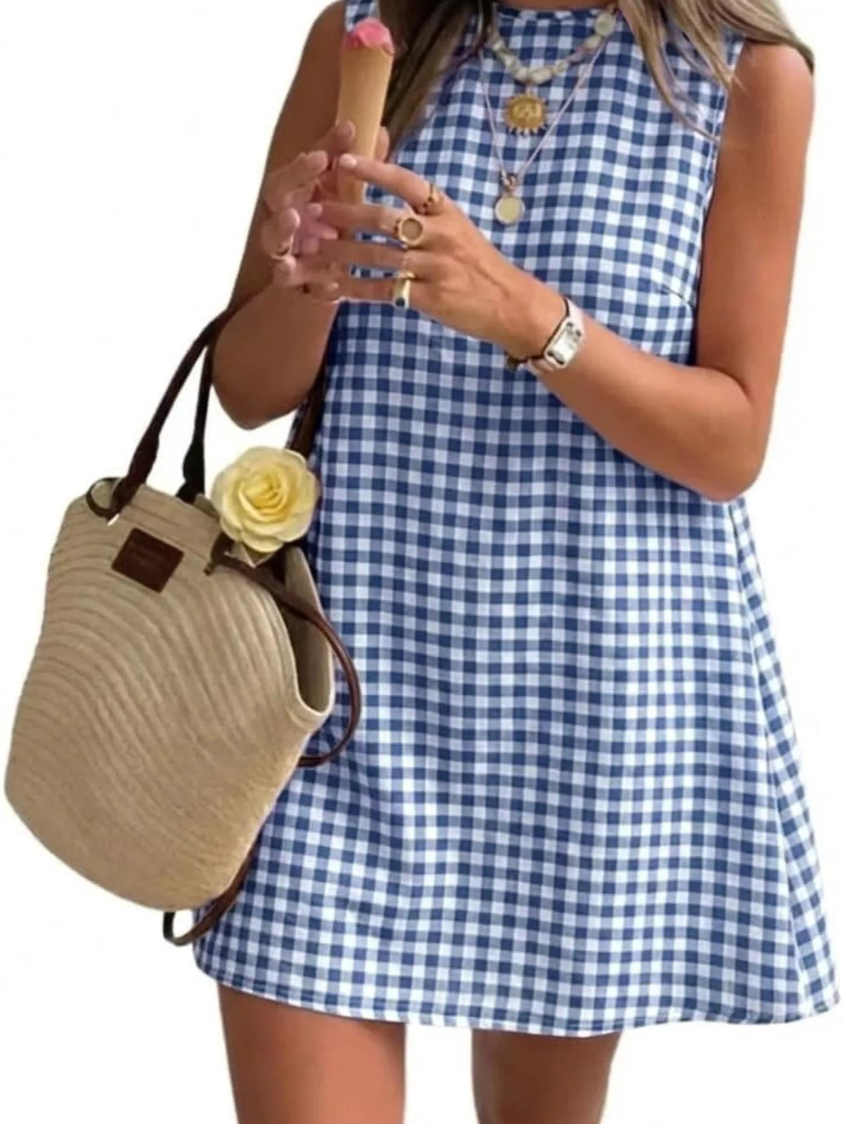 Gingham Sleeveless A-Line Mini Dress - TheMomCo.