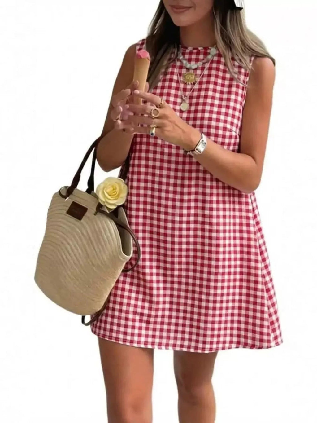 Gingham Sleeveless A-Line Mini Dress - TheMomCo.