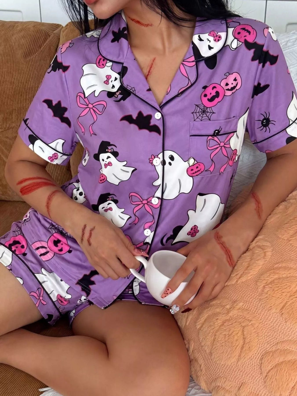 Halloween Ghost Print Button-Down Top and Shorts Lounge Set - TheMomCo.