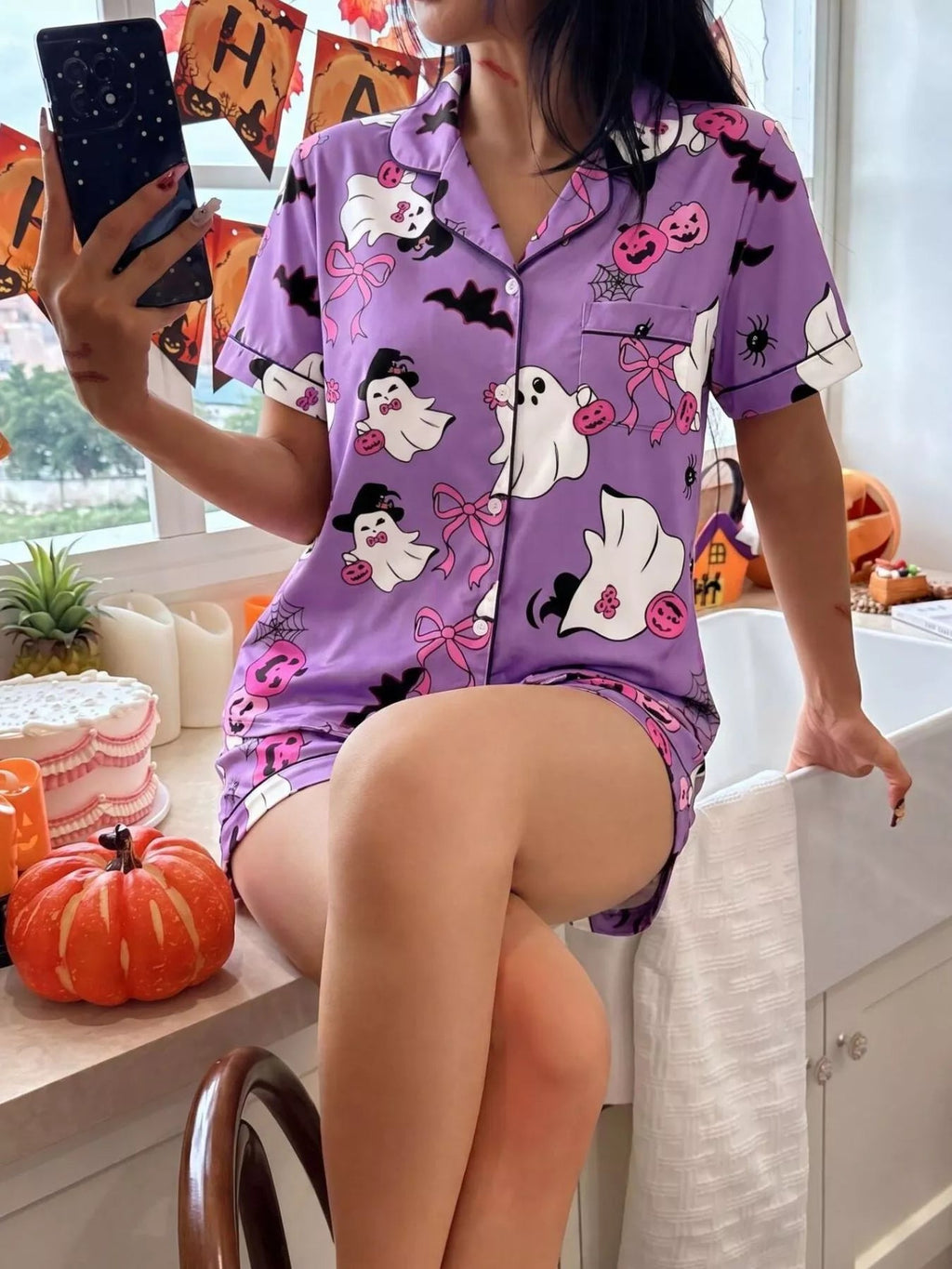 Halloween Ghost Print Button-Down Top and Shorts Lounge Set - TheMomCo.