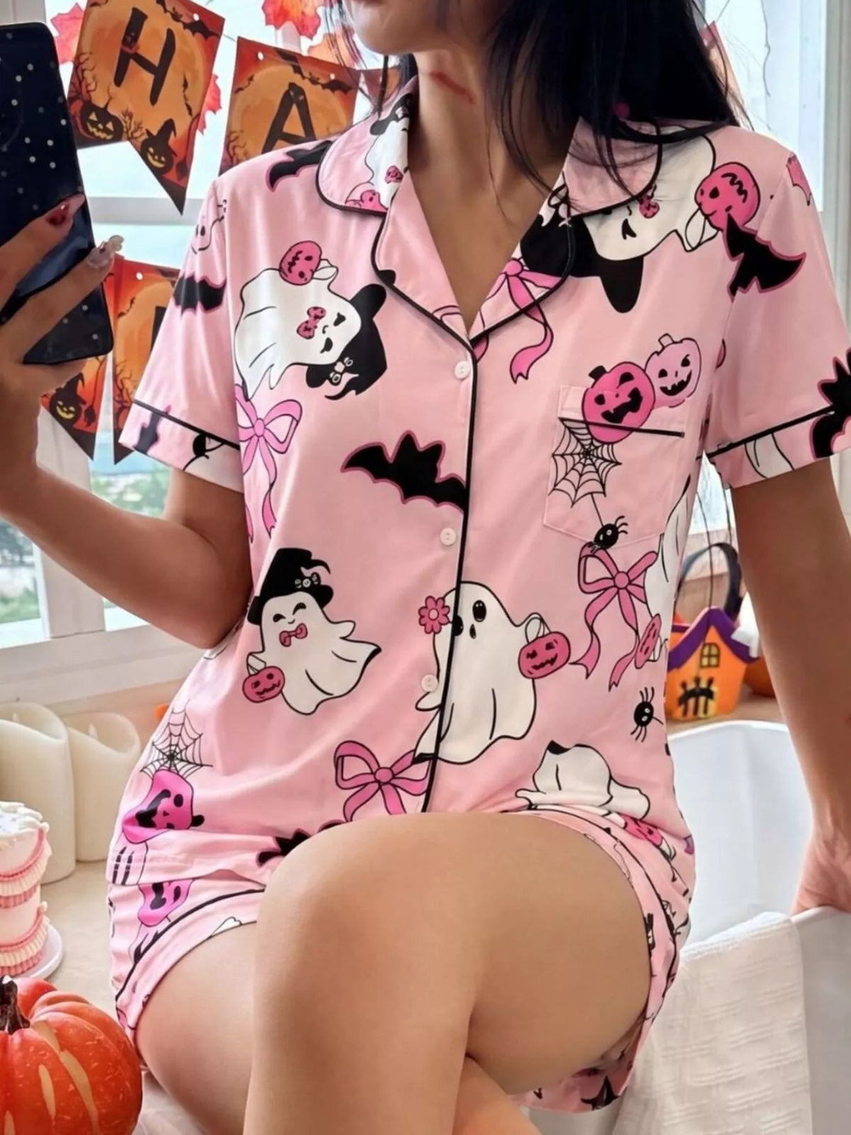 Halloween Ghost Print Button-Down Top and Shorts Lounge Set - TheMomCo.