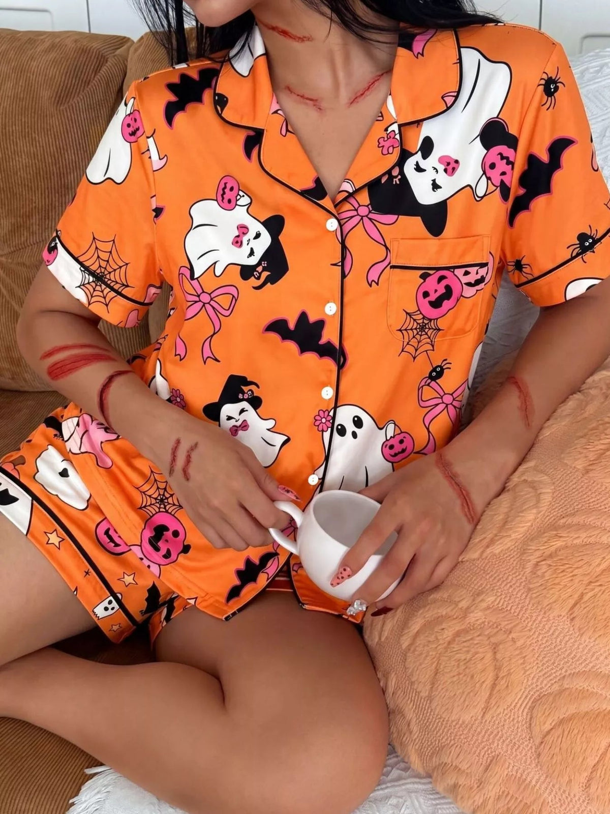 Halloween Ghost Print Button-Down Top and Shorts Lounge Set - TheMomCo.
