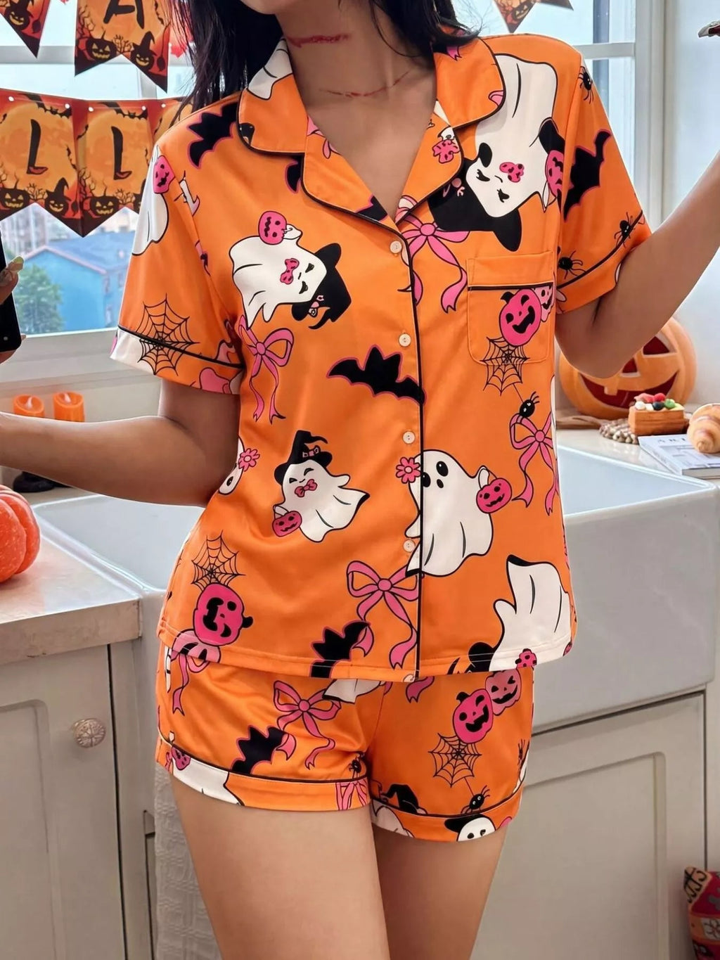 Halloween Ghost Print Button-Down Top and Shorts Lounge Set - TheMomCo.