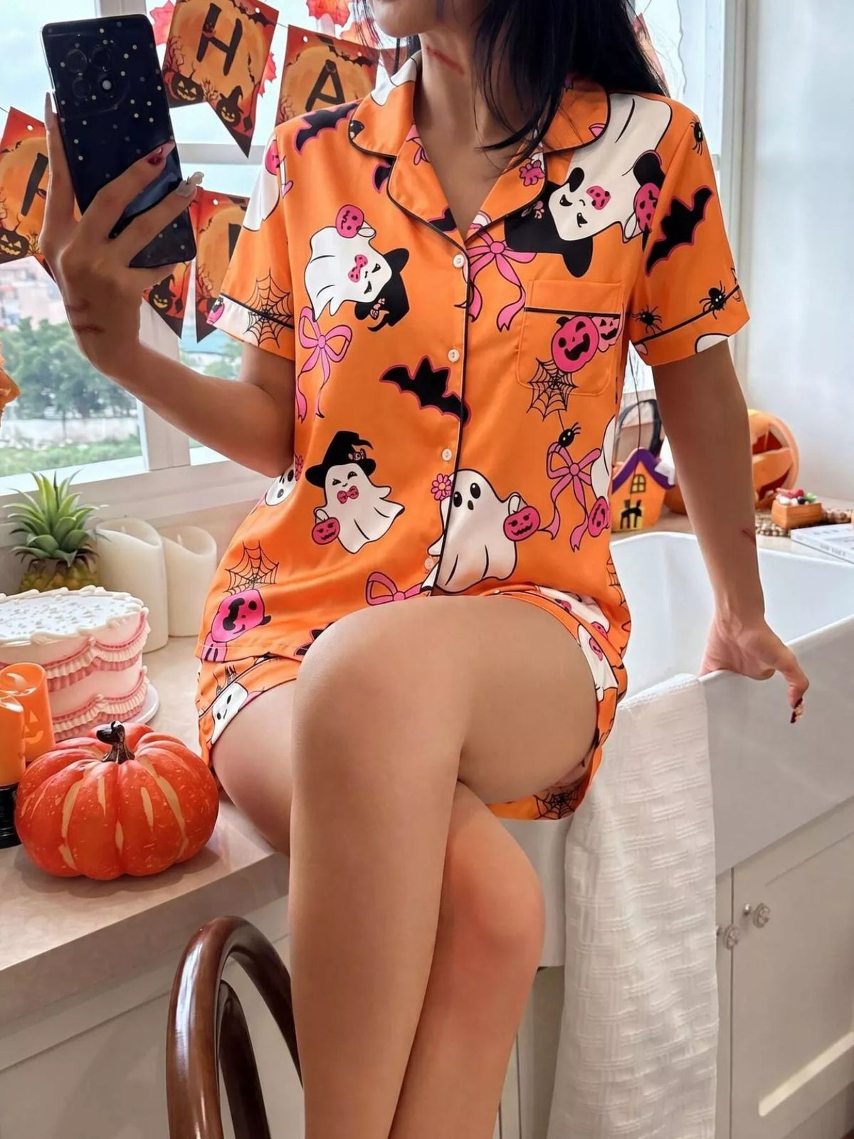 Halloween Ghost Print Button-Down Top and Shorts Lounge Set - TheMomCo.