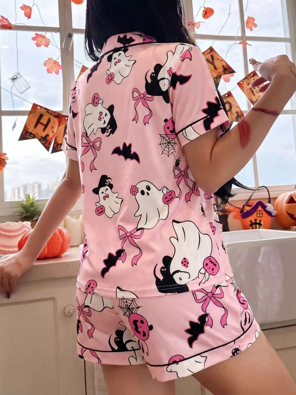 Halloween Ghost Print Button-Down Top and Shorts Lounge Set - TheMomCo.