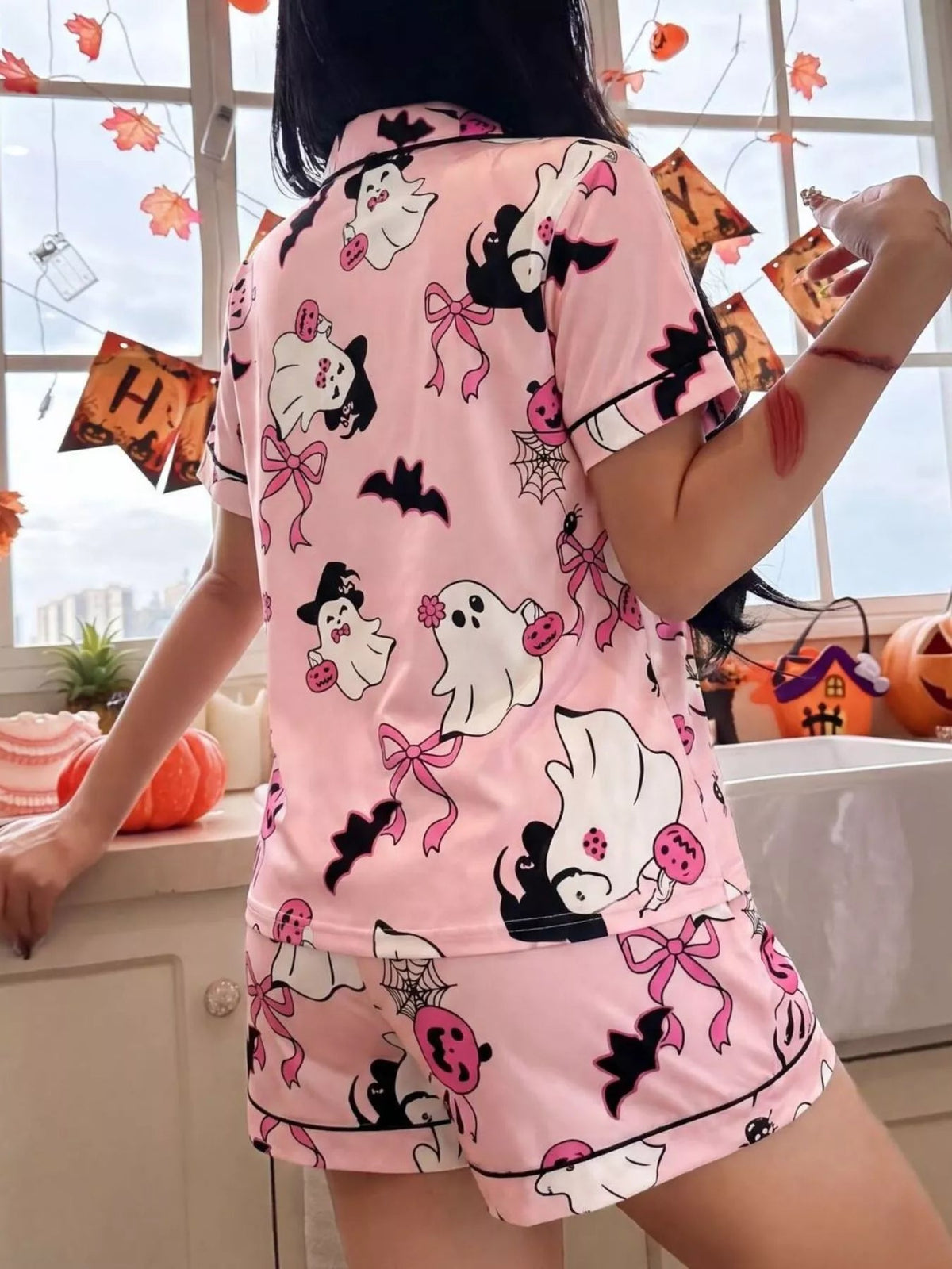 Halloween Ghost Print Button-Down Top and Shorts Lounge Set - TheMomCo.