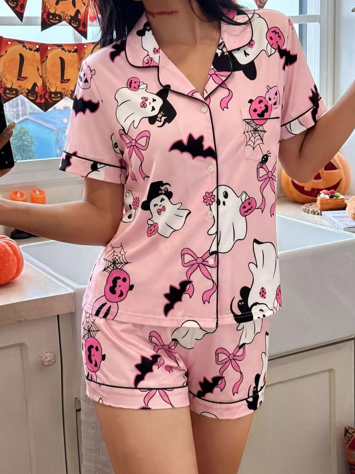 Halloween Ghost Print Button-Down Top and Shorts Lounge Set - TheMomCo.