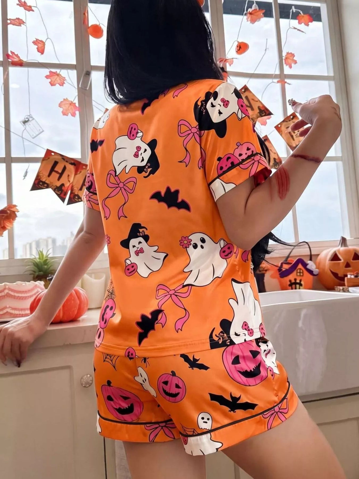 Halloween Ghost Print Button-Down Top and Shorts Lounge Set - TheMomCo.