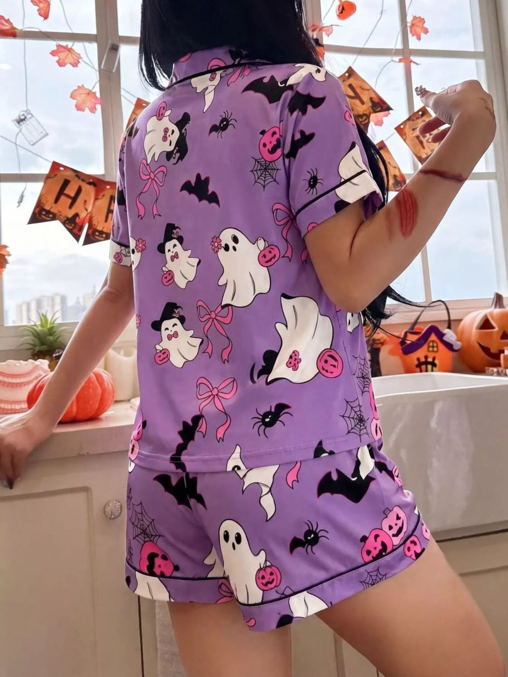 Halloween Ghost Print Button-Down Top and Shorts Lounge Set - TheMomCo.
