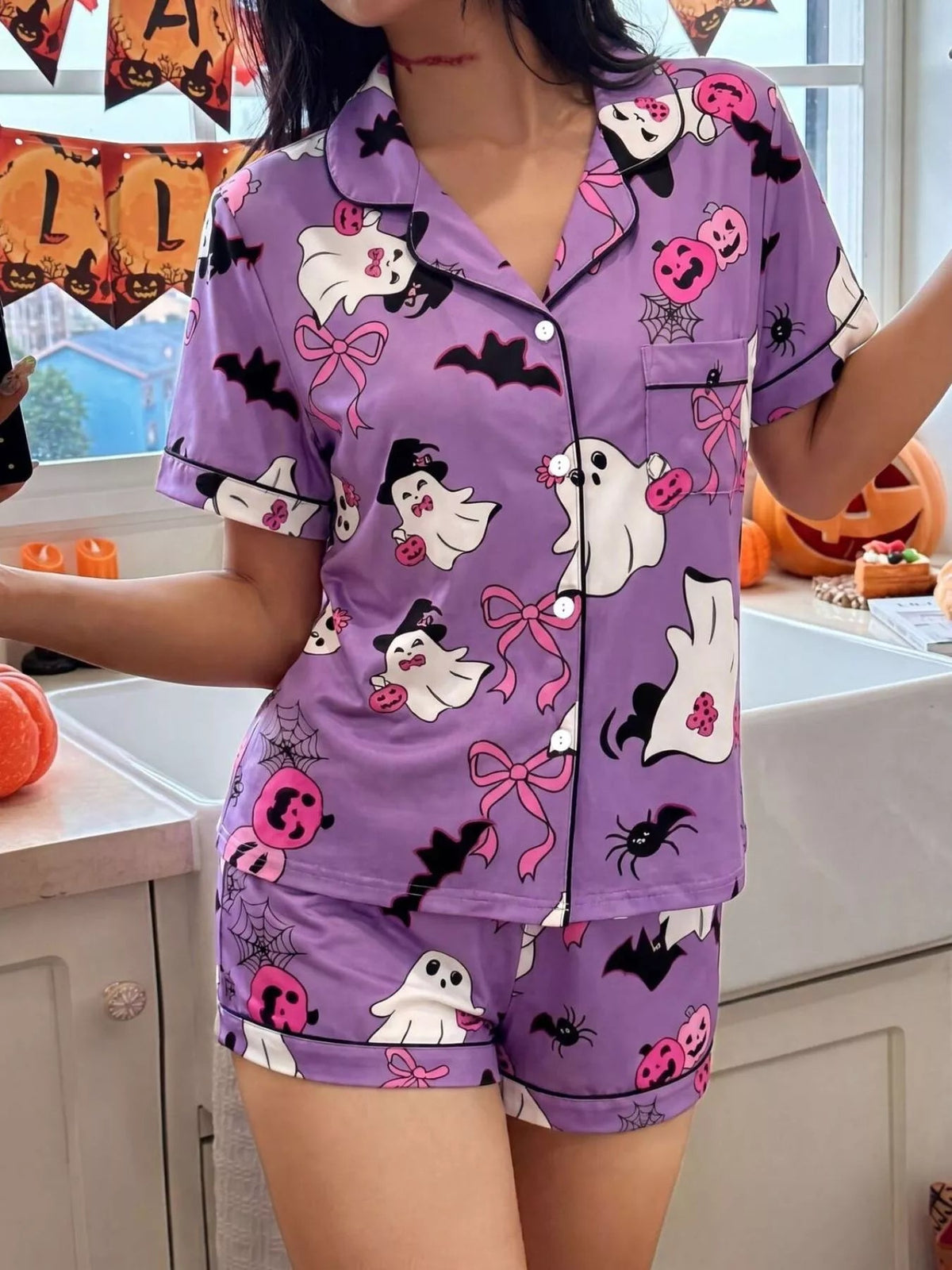 Halloween Ghost Print Button-Down Top and Shorts Lounge Set - TheMomCo.