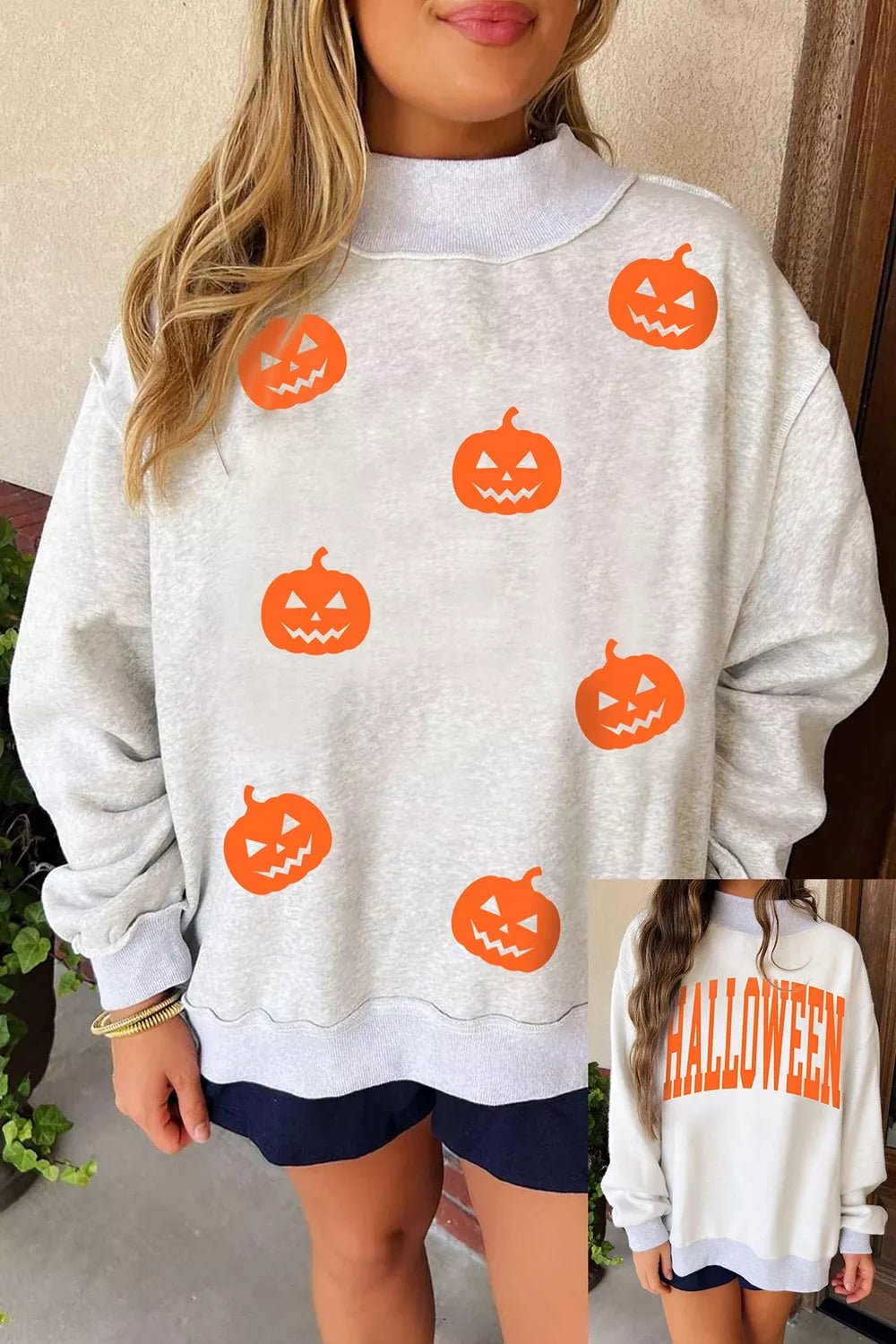 Halloween Pumpkin Face Print Mock Neck Reversible Sweatshirt - TheMomCo.