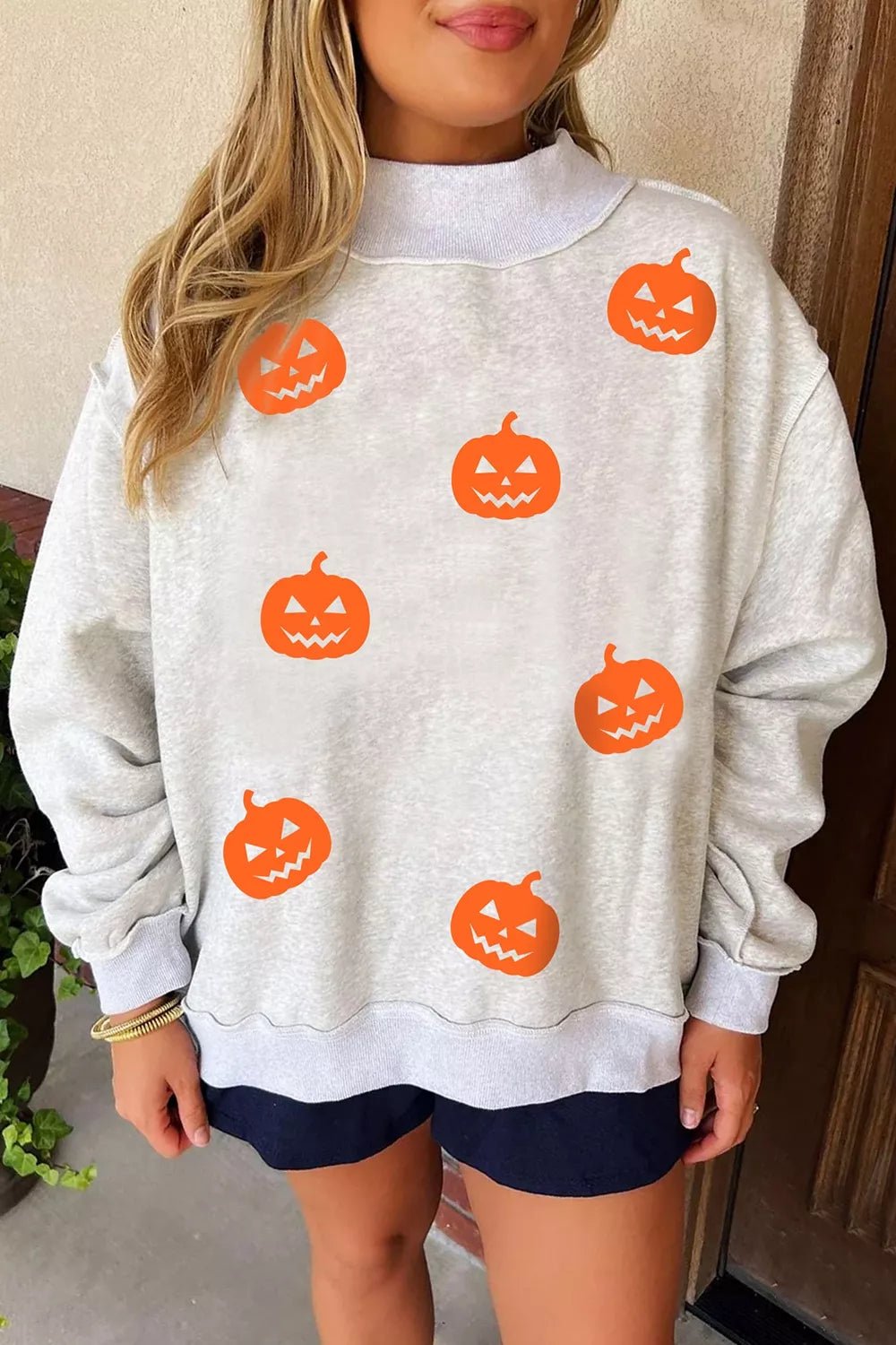 Halloween Pumpkin Face Print Mock Neck Reversible Sweatshirt - TheMomCo.
