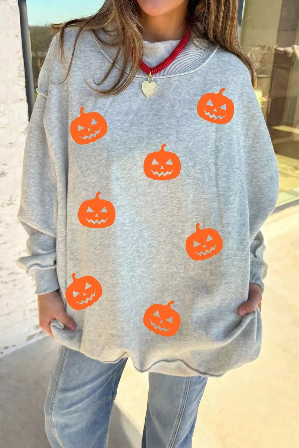Halloween Pumpkin Face Print Mock Neck Reversible Sweatshirt - TheMomCo.