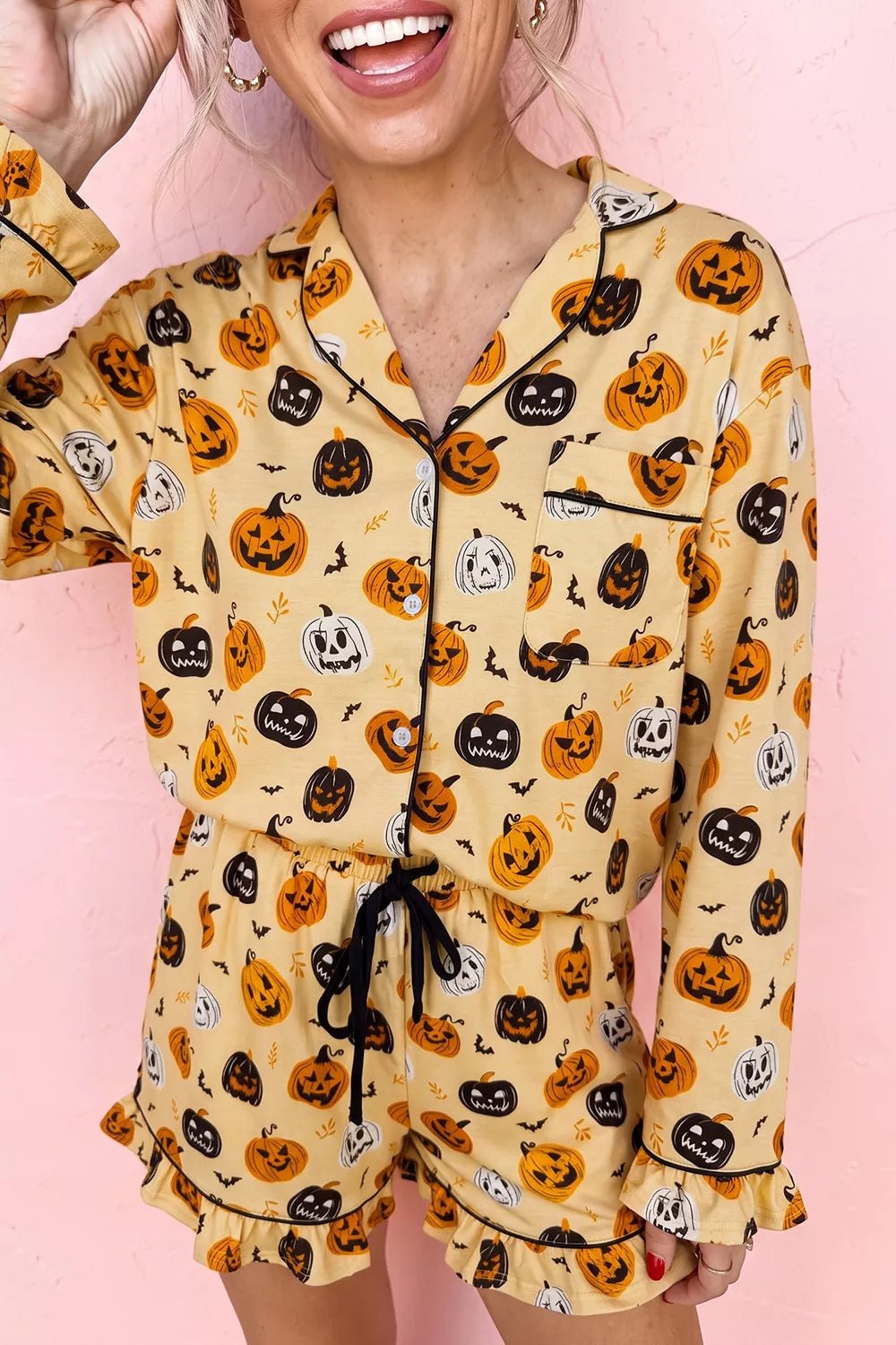 Halloween Pumpkin Print Long Sleeve Two Piece Lounge Set - TheMomCo.