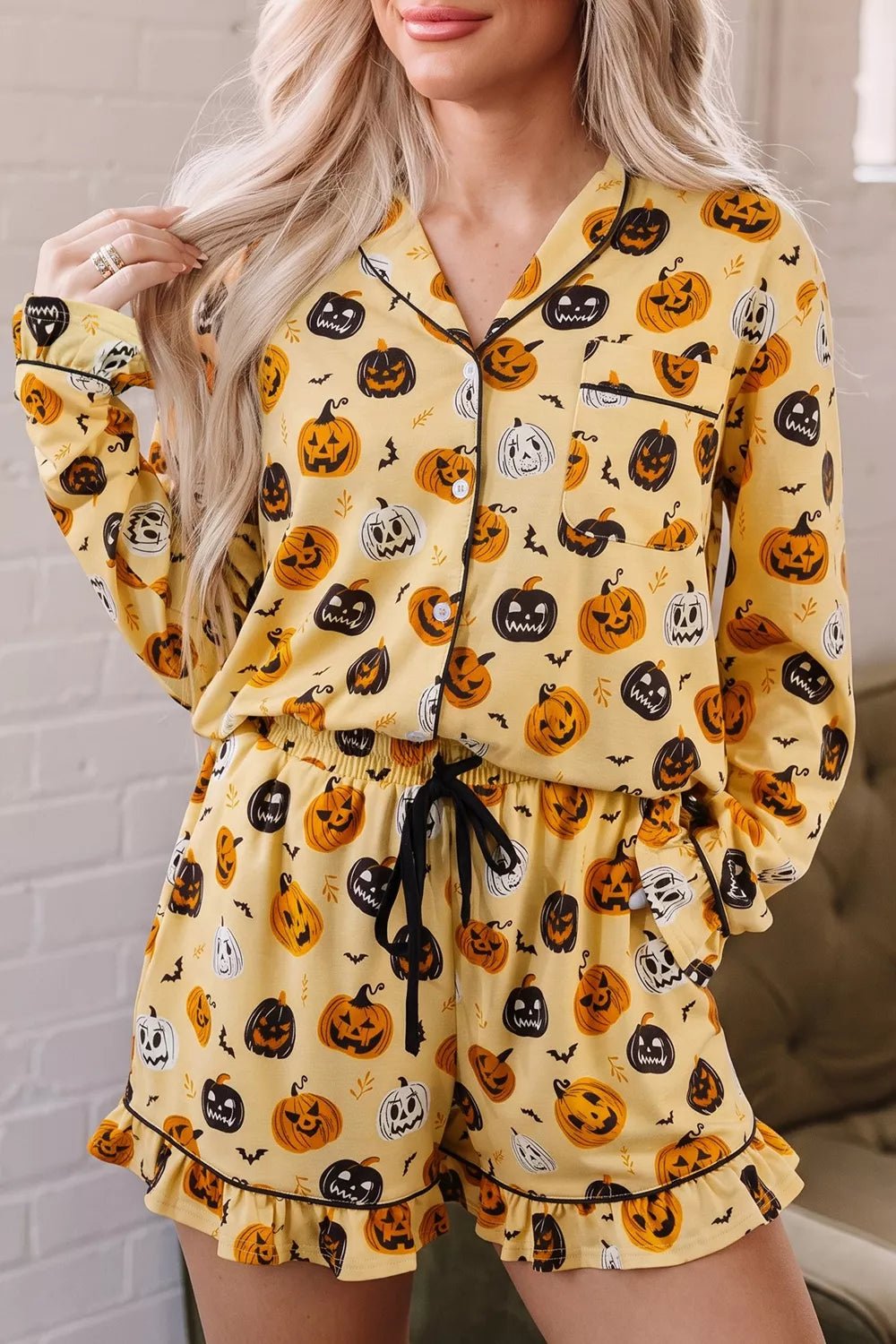Halloween Pumpkin Print Long Sleeve Two Piece Lounge Set - TheMomCo.