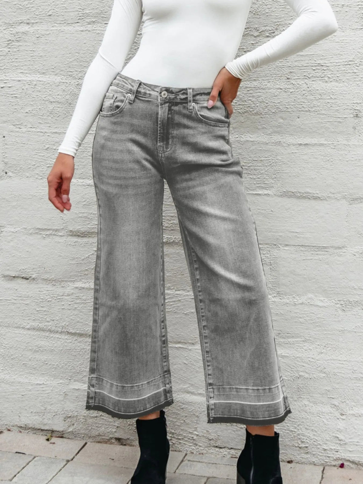 High Waist Wide Leg Washed Jeans - TheMomCo.
