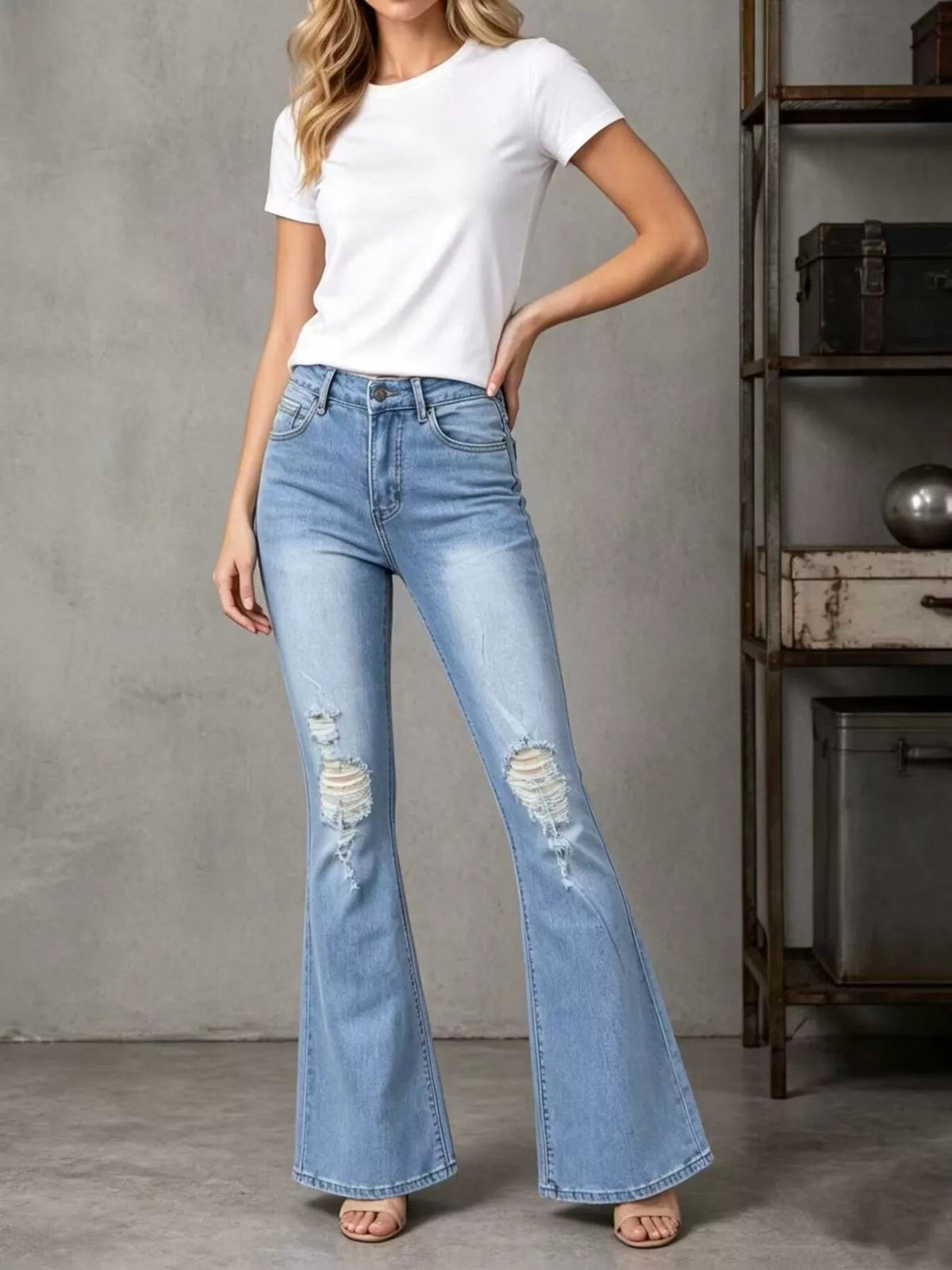 High-Waisted Distressed Flare Jeans - TheMomCo.