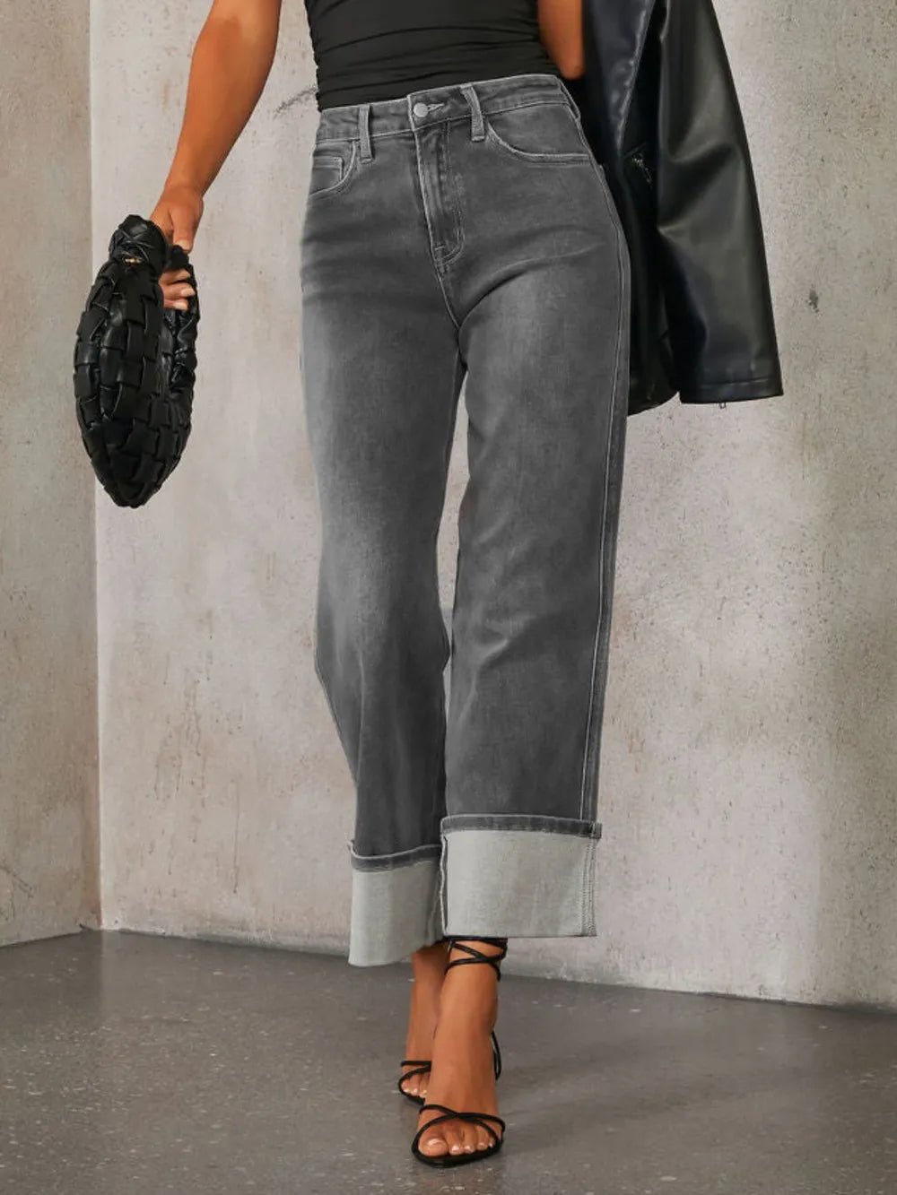 High Waisted Straight Leg Rolled Jeans - TheMomCo.