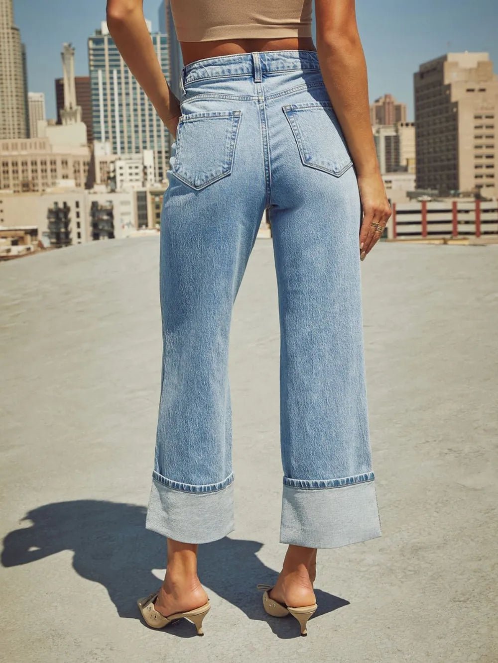 High Waisted Straight Leg Rolled Jeans - TheMomCo.