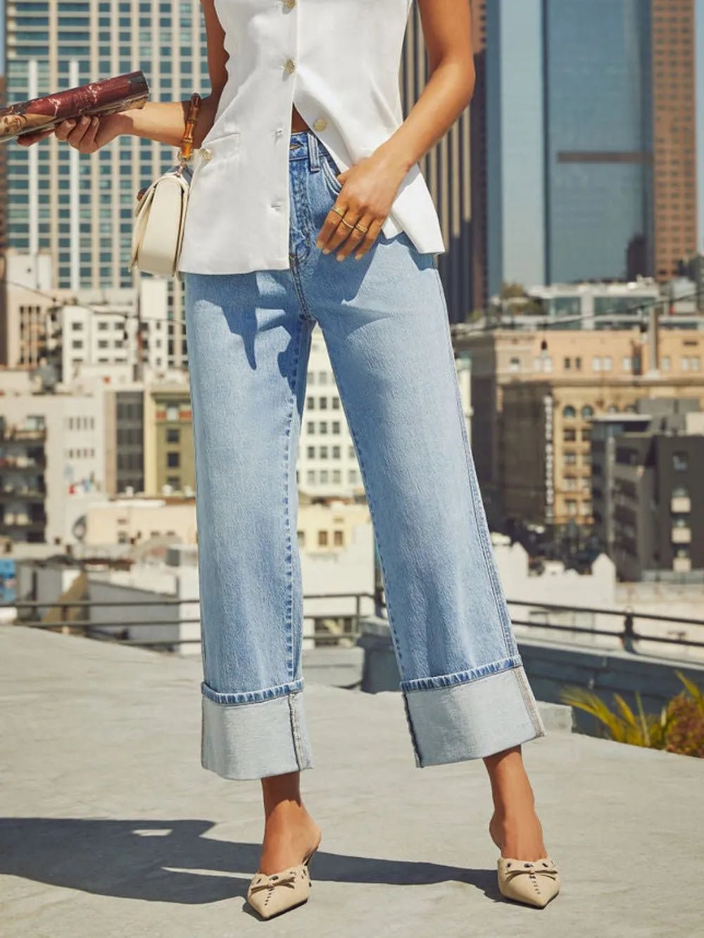 High Waisted Straight Leg Rolled Jeans - TheMomCo.
