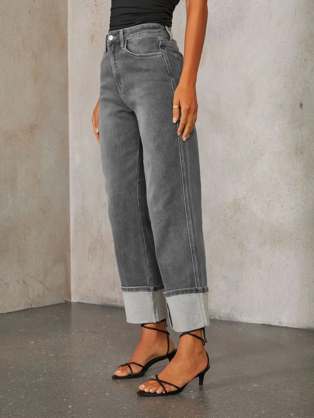 High Waisted Straight Leg Rolled Jeans - TheMomCo.