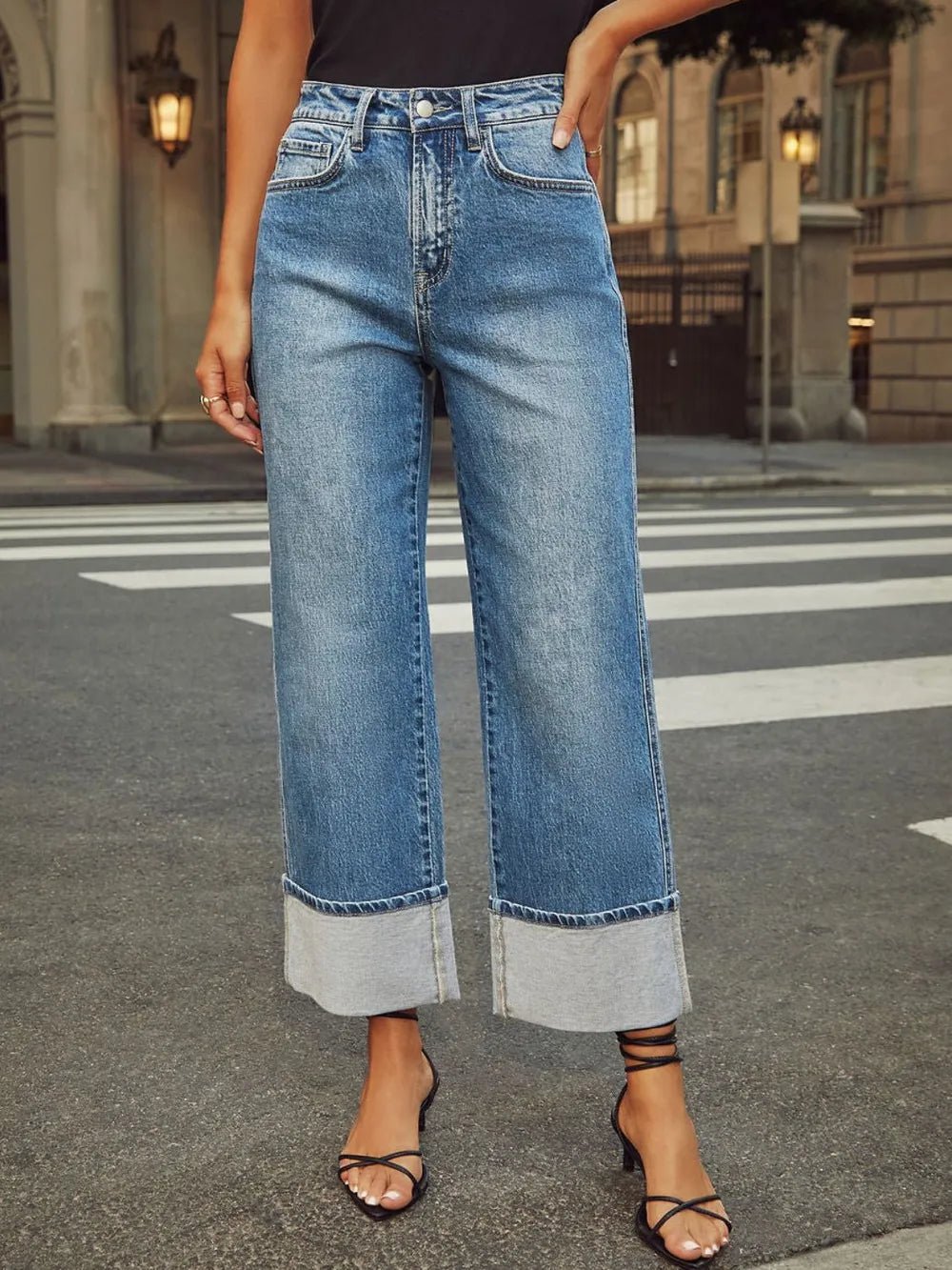 High Waisted Straight Leg Rolled Jeans - TheMomCo.
