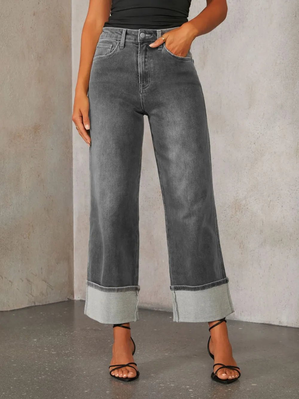 High Waisted Straight Leg Rolled Jeans - TheMomCo.