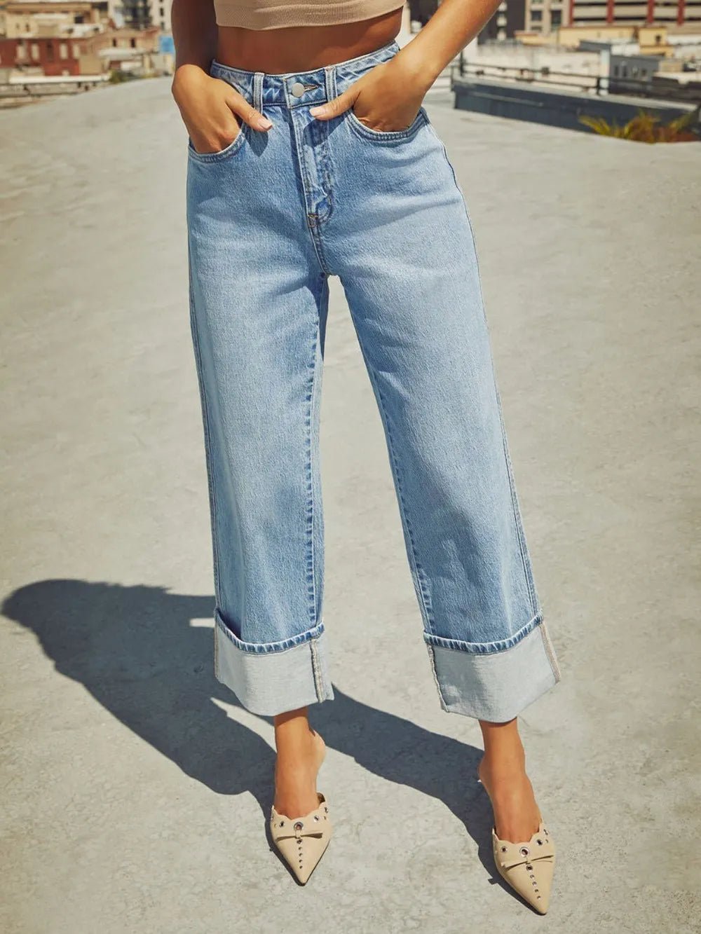 High Waisted Straight Leg Rolled Jeans - TheMomCo.