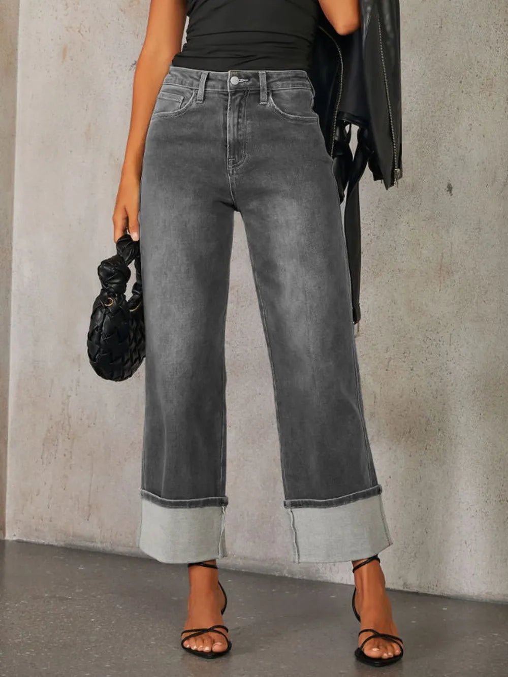 High Waisted Straight Leg Rolled Jeans - TheMomCo.