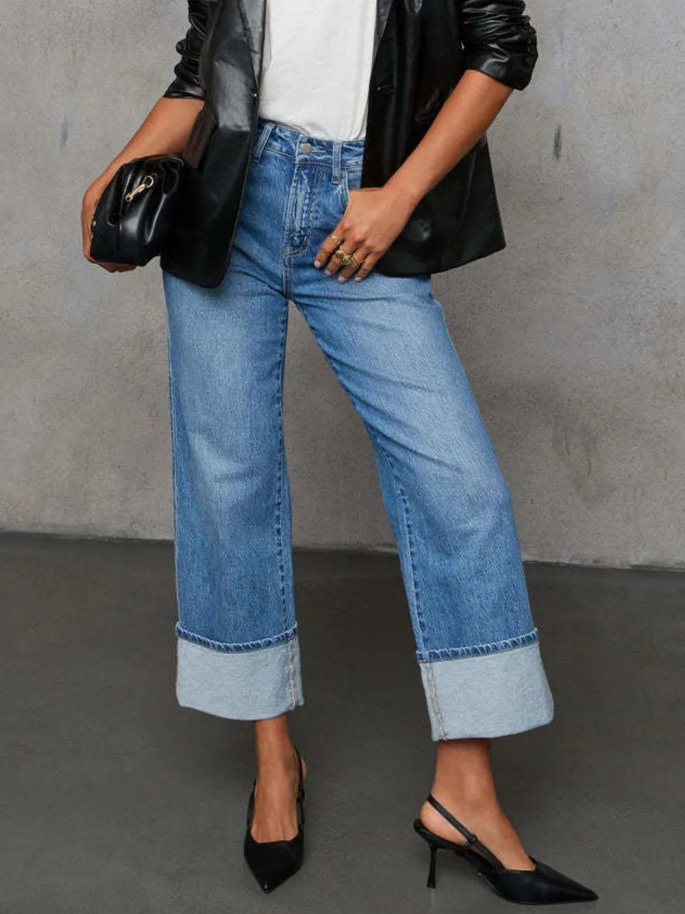 High Waisted Straight Leg Rolled Jeans - TheMomCo.