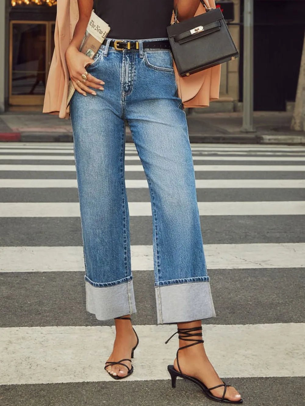 High Waisted Straight Leg Rolled Jeans - TheMomCo.
